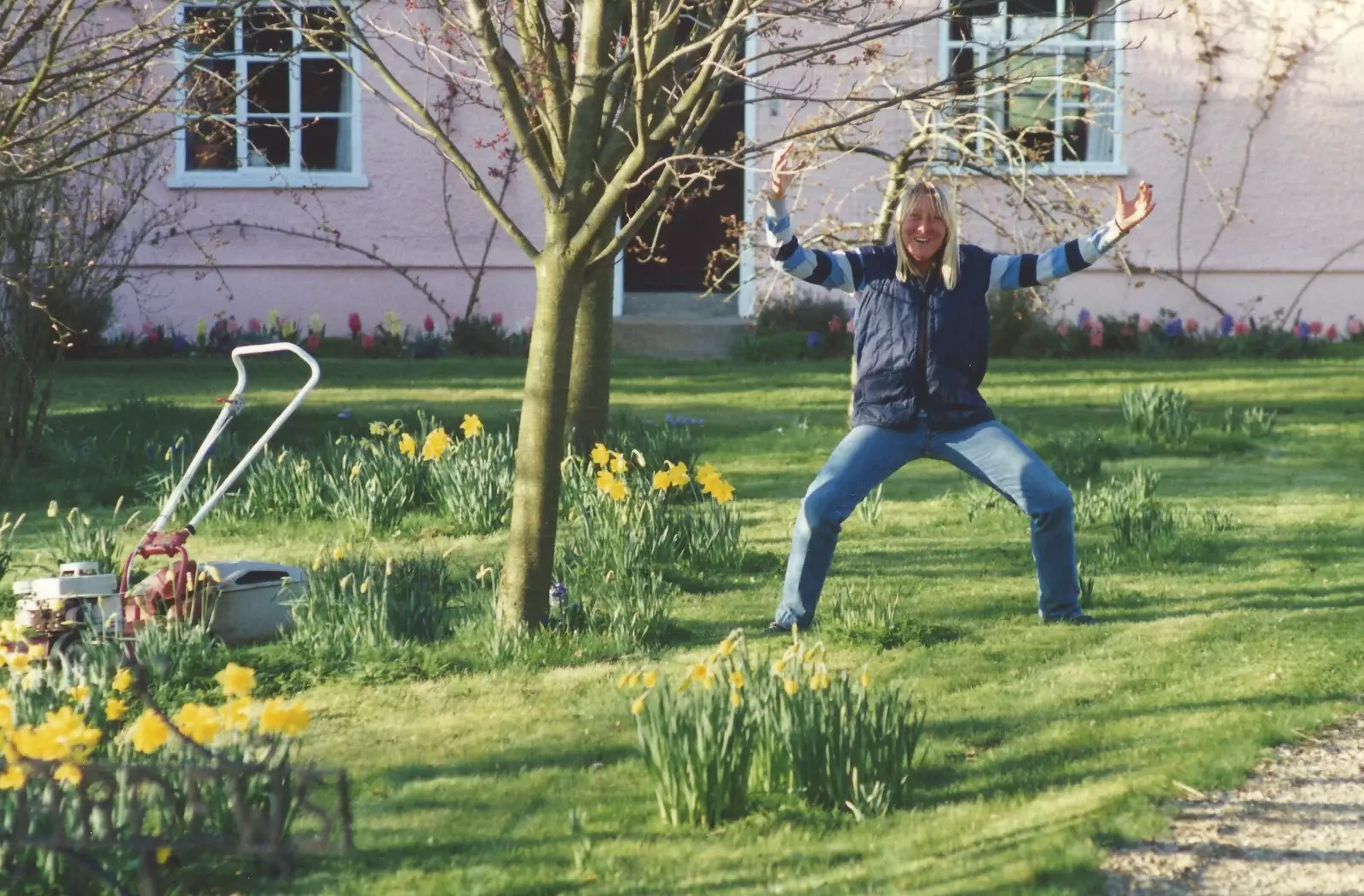 Sue repeats her 'fire dance' pose, from Bernie and the Porch, The Stables, Stuston, Suffolk - 15th March 1991