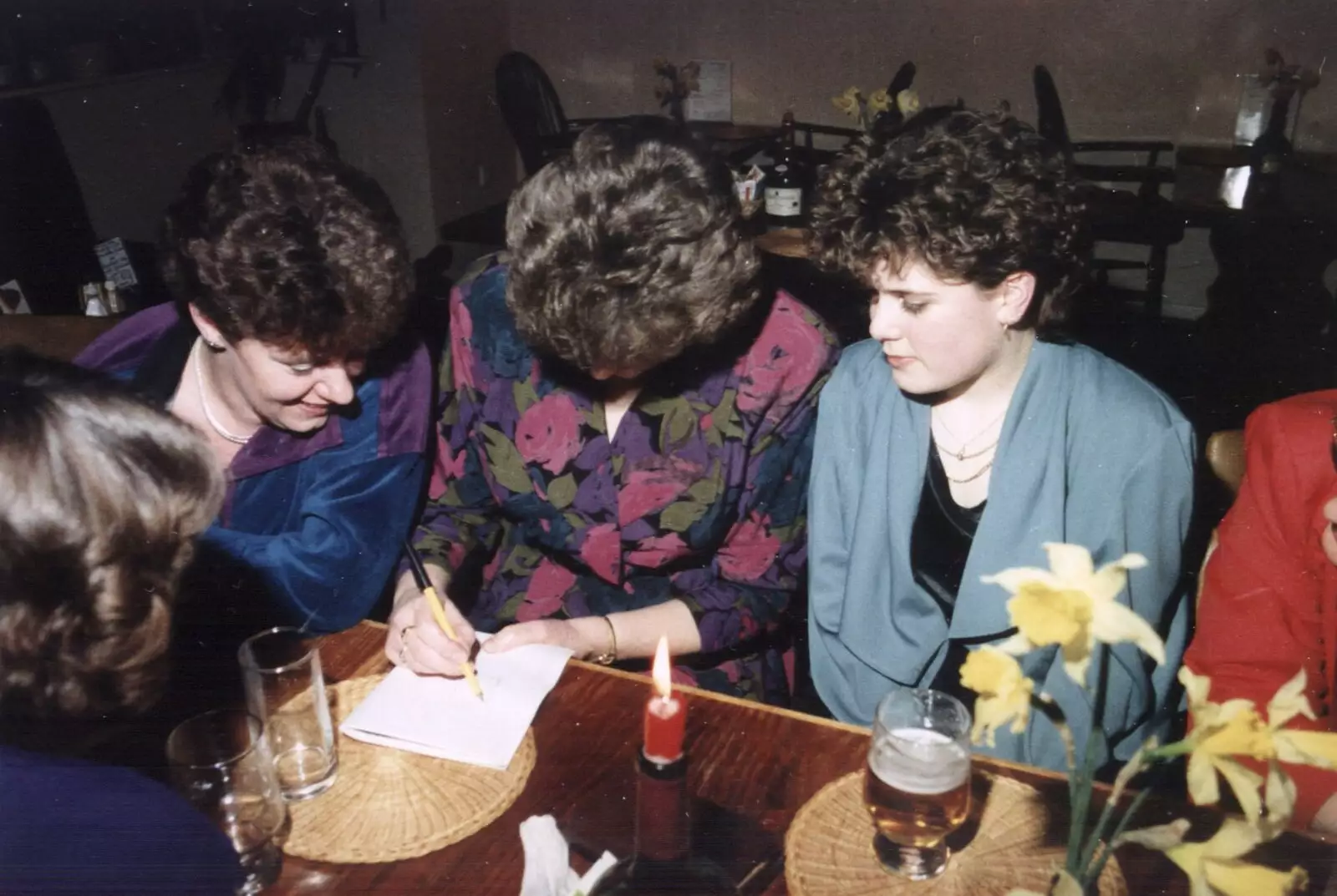 Crispy, Pam and Kelly write secret stuff, from BPCC Printec Reunion at The Brome Swan, Suffolk - 20th February 1991