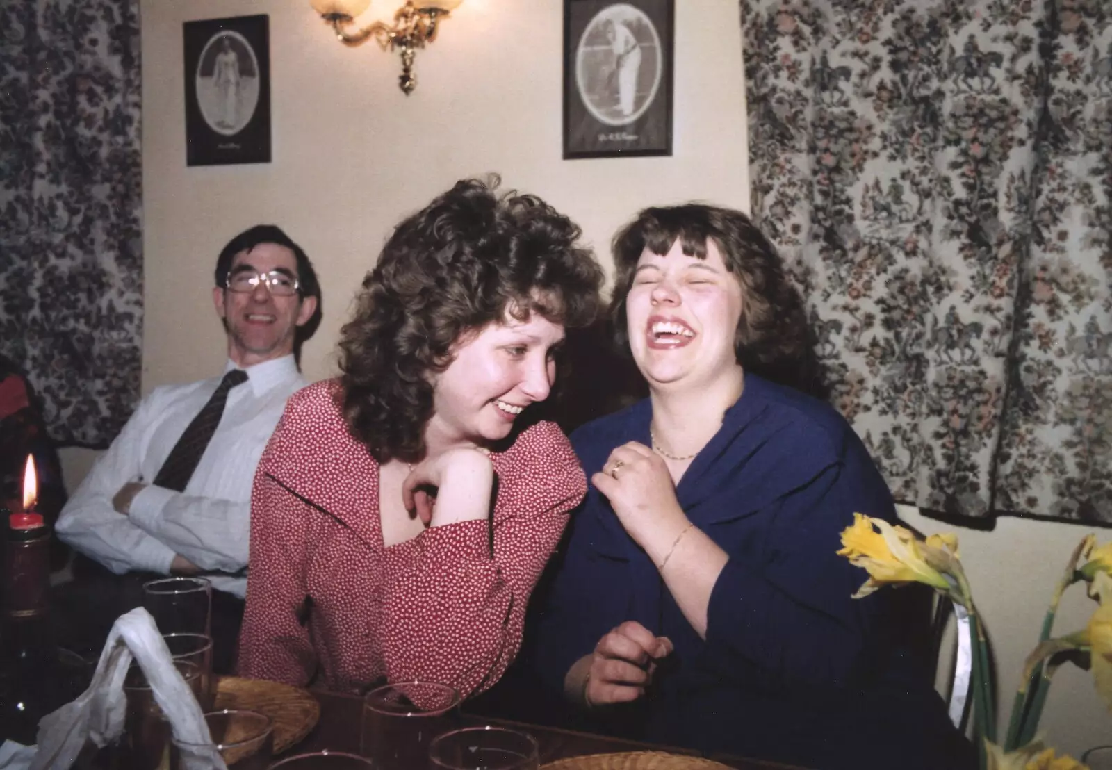 Alison and Wendy share a joke, as Adrian looks on, from BPCC Printec Reunion at The Brome Swan, Suffolk - 20th February 1991