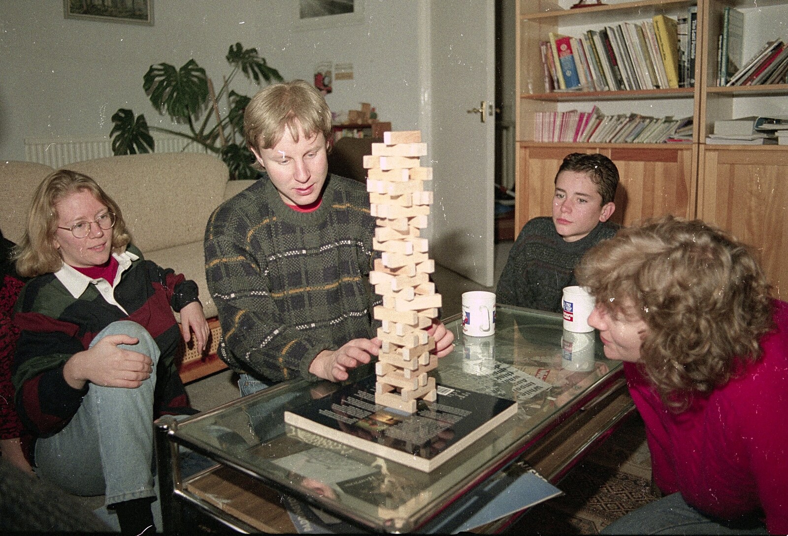 An instense game of Jenga occurs from Darts at the Swan Inn and a Nigel Party, Lancaster Gate - 23rd March 1991