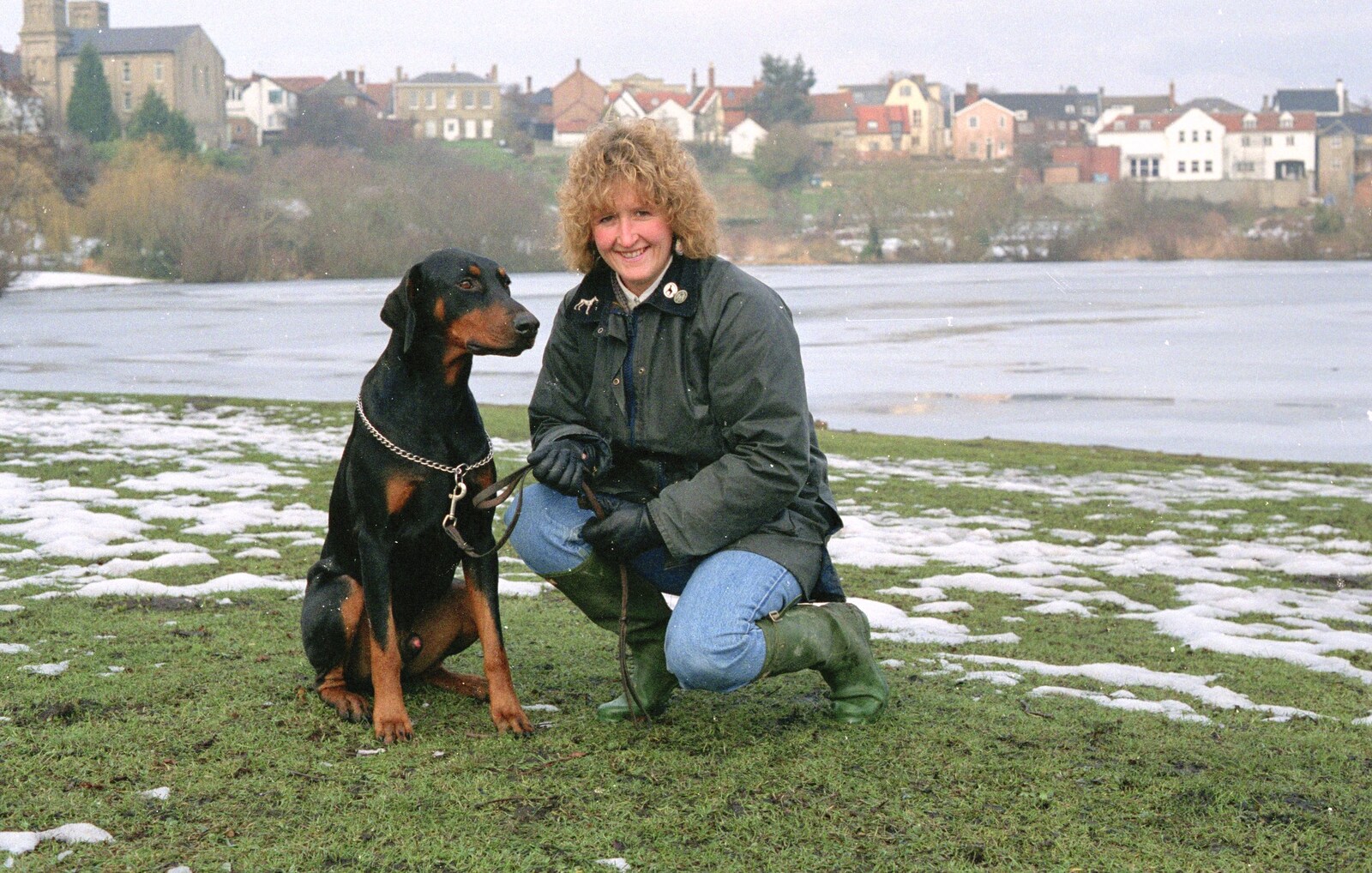 Tina and Doberman by a frozen Mere in Diss from The Newmarket Dog Show and Dobermans on the Ling, Newmarket and Wortham, Suffolk - 3rd April 1991