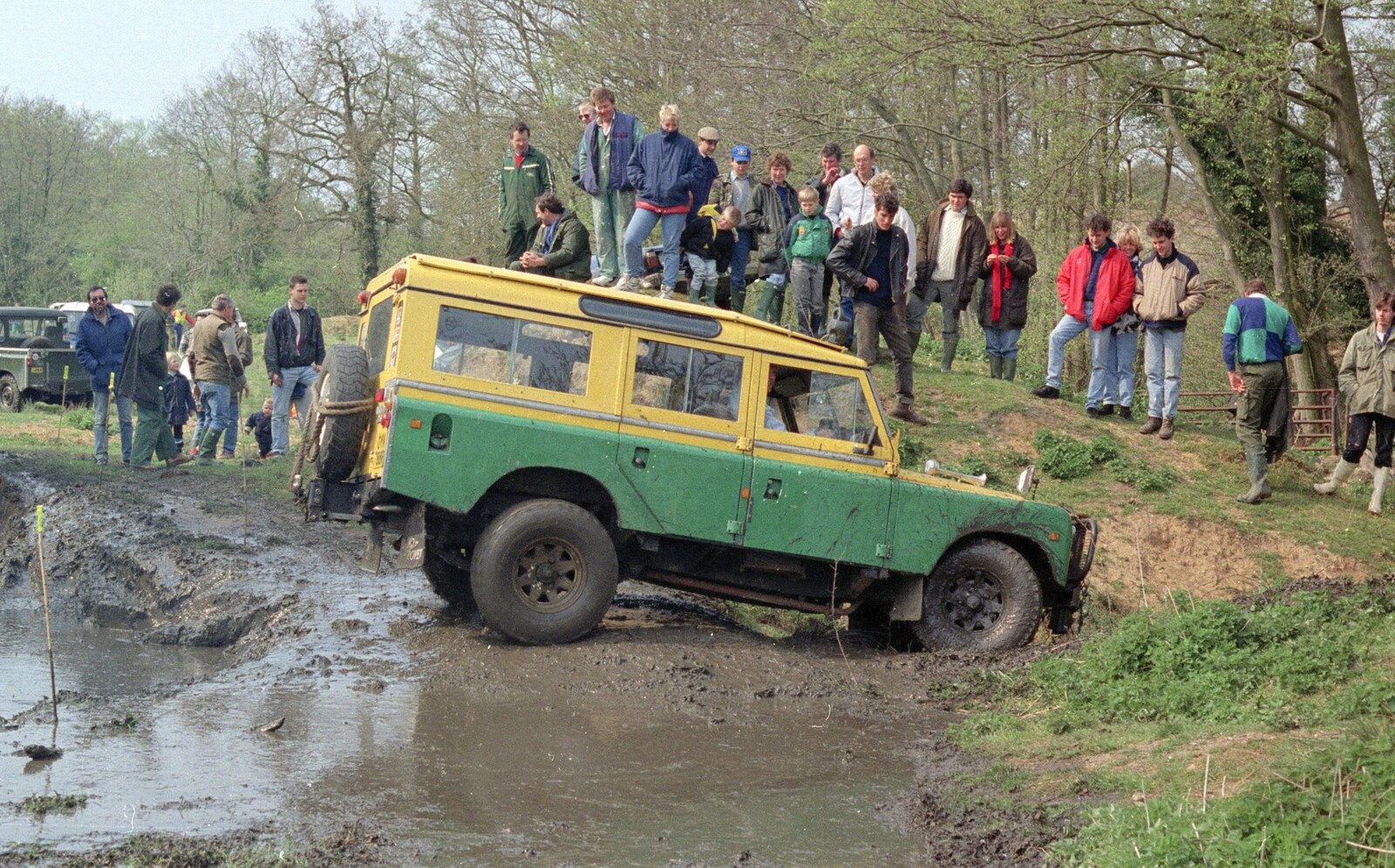 Crowds watch a Land Rover from The Newmarket Dog Show and Dobermans on the Ling, Newmarket and Wortham, Suffolk - 3rd April 1991