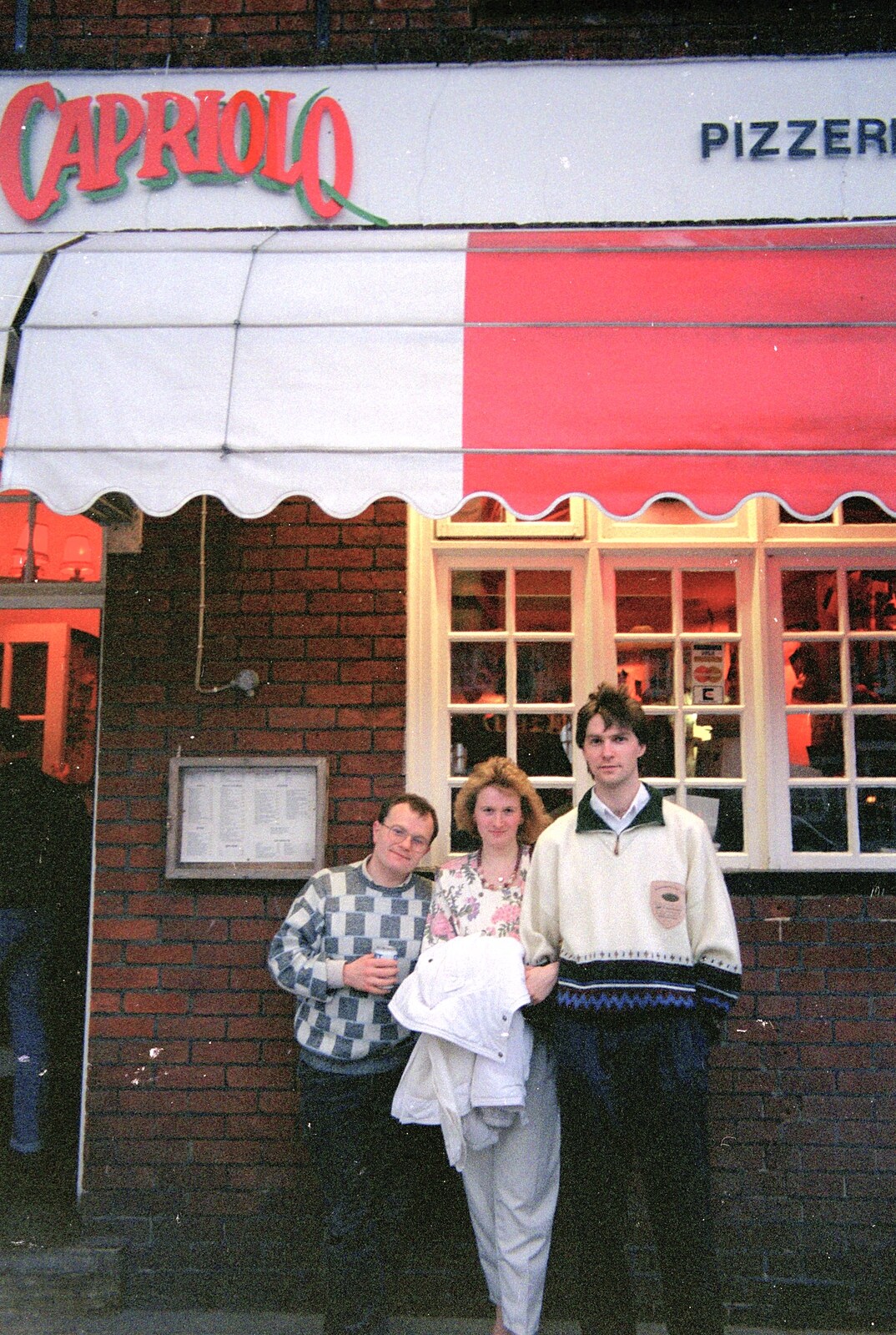 A Trip to Stratford-Upon-Avon and Other Randomness, Warwickshire, Suffolk and Norfolk - 28th June 1991: Hamish, Maria and Sean outside the Capriolo Pizzeria in Ringwood, Hampshire