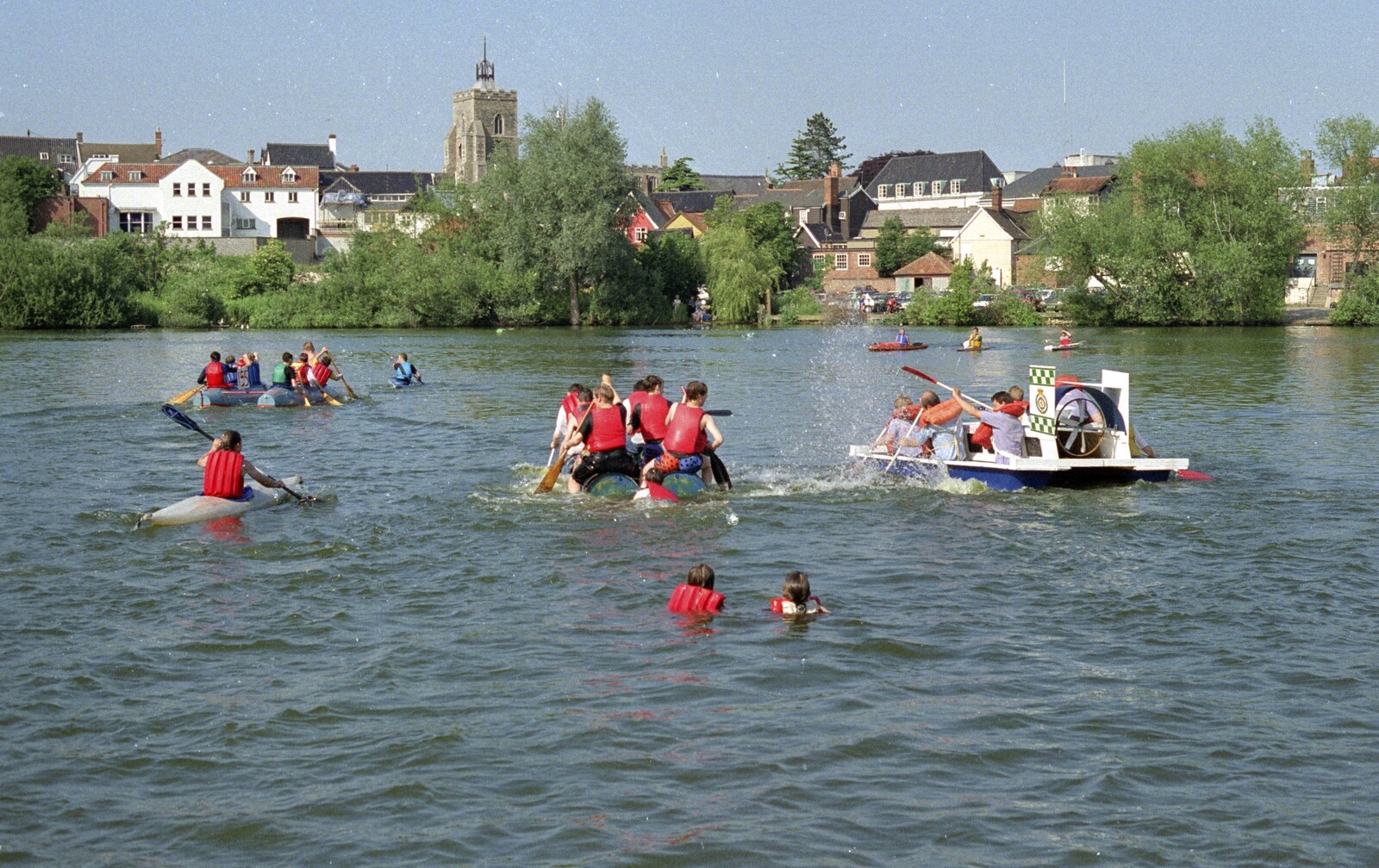 Frantic paddling, with a few overboard from The Diss Raft Race, Diss Mere, Norfolk - 6th July 1991