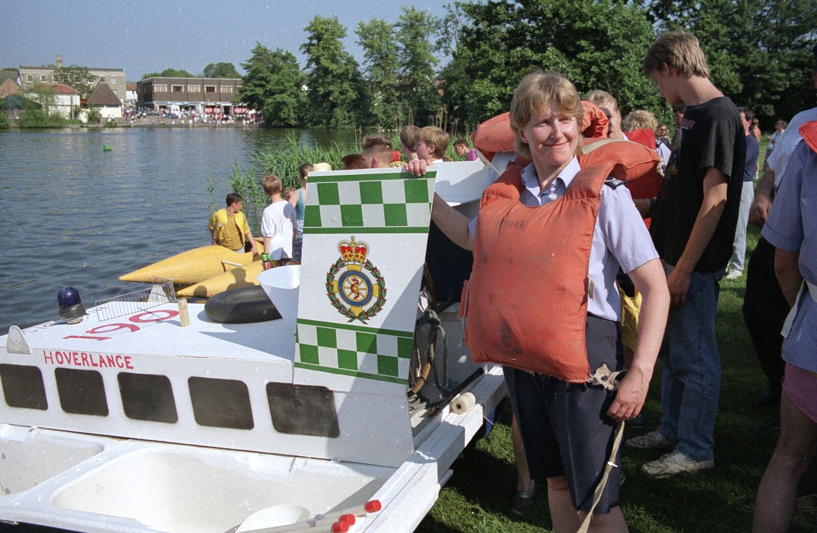 Jan stands proudly next to 'Hoverlance' before the off from The Diss Raft Race, Diss Mere, Norfolk - 6th July 1991