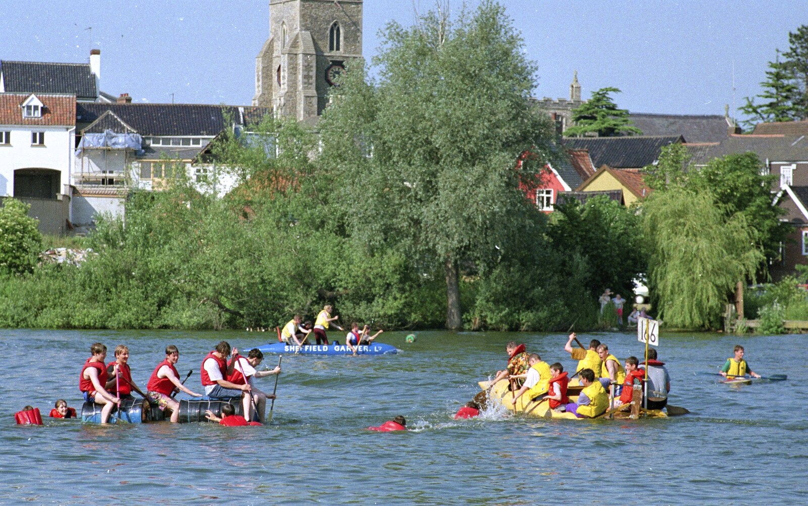 More paddlers end up in the Mere from The Diss Raft Race, Diss Mere, Norfolk - 6th July 1991
