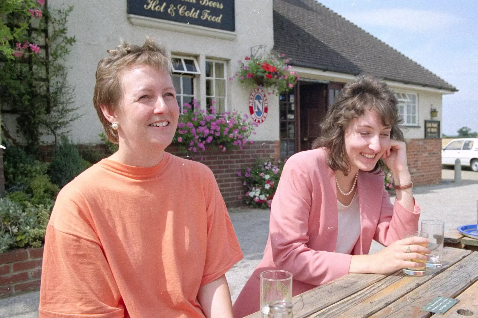 Kim outside the Shepherd and Dog, from Nosher Leaves BPCC Business Magazines, Colchester, Essex - 18th July 1991