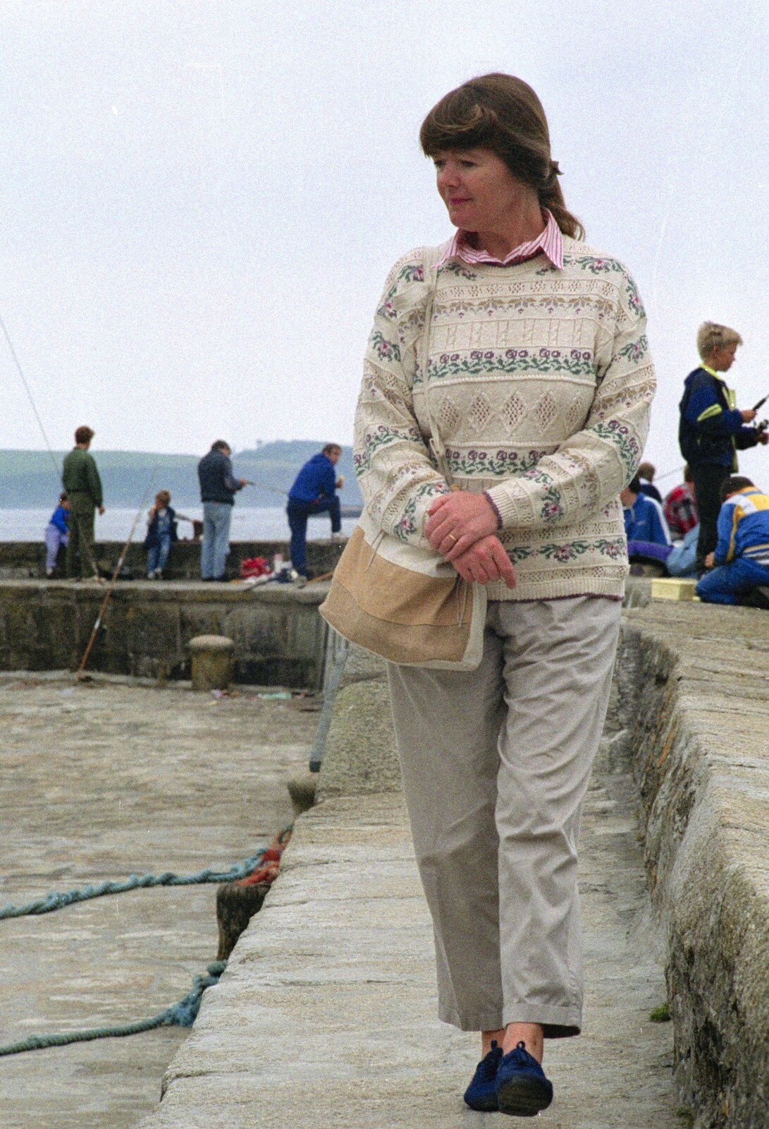 Mother walks along a breakwater/pier from Plymouth and The Chapel, Hoo Meavy, Devon - 25th July 1991