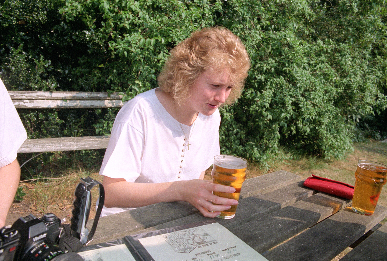Maria looks taken aback by her lager from Printec at Thwaite Buck's Head, and a Trip to Farnborough, Suffolk and Hampshire - 19th August 1991