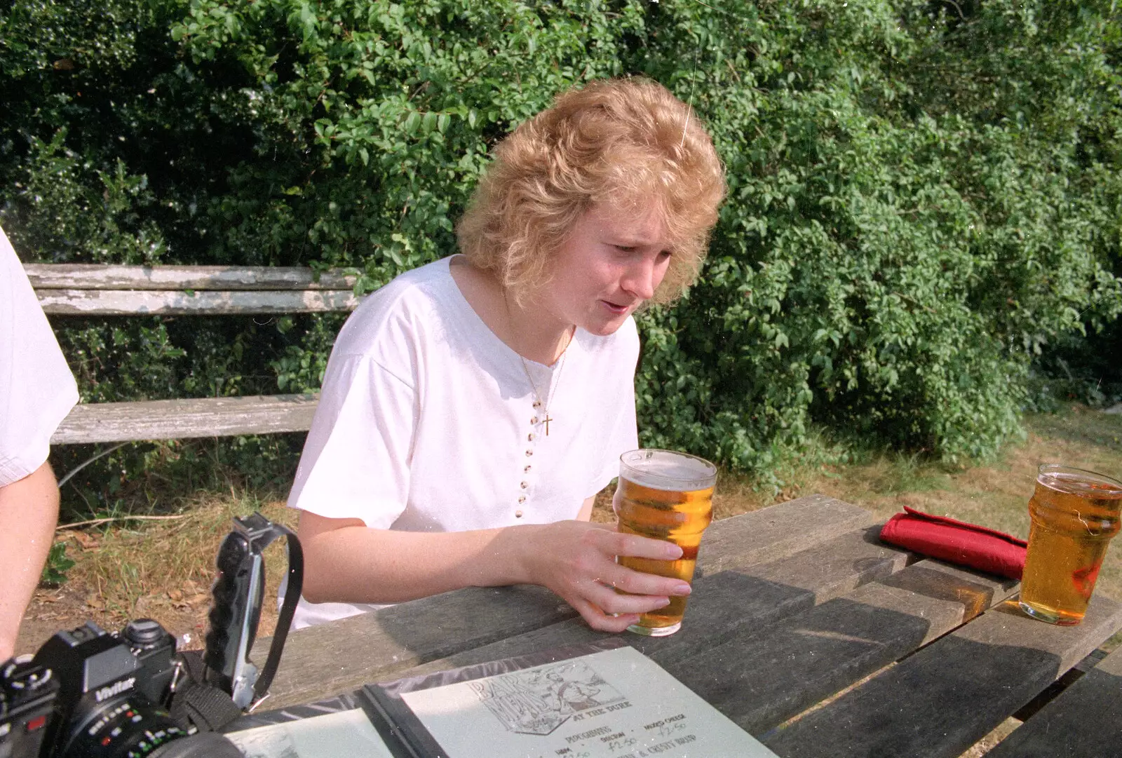 Maria looks taken aback by her lager, from Printec at Thwaite Buck's Head, and a Trip to Farnborough, Suffolk and Hampshire - 19th August 1991