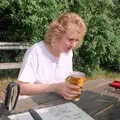 Maria looks taken aback by her lager, Printec at Thwaite Buck's Head, and a Trip to Farnborough, Suffolk and Hampshire - 19th August 1991