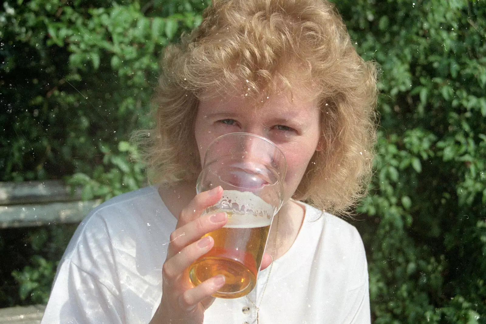 Maria slurps on a pint, from Printec at Thwaite Buck's Head, and a Trip to Farnborough, Suffolk and Hampshire - 19th August 1991