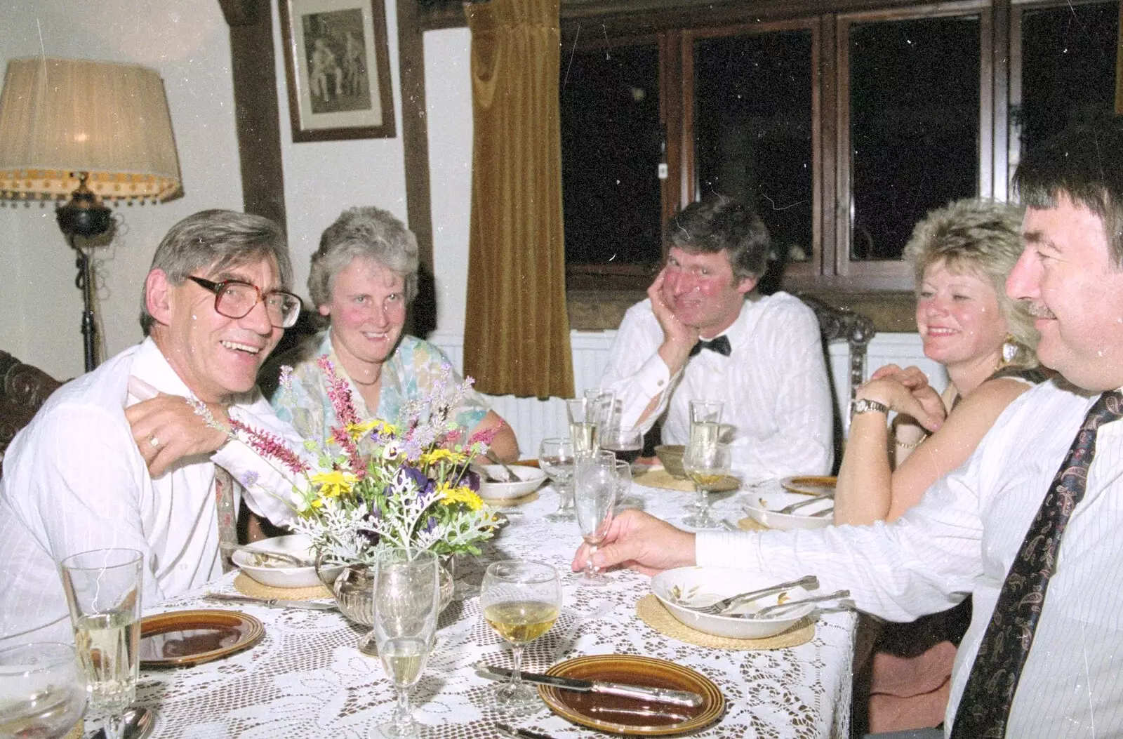 Derek, Linda and the gang do starters, from Nosher's Dinner Party, Stuston, Suffolk - 14th September 1991