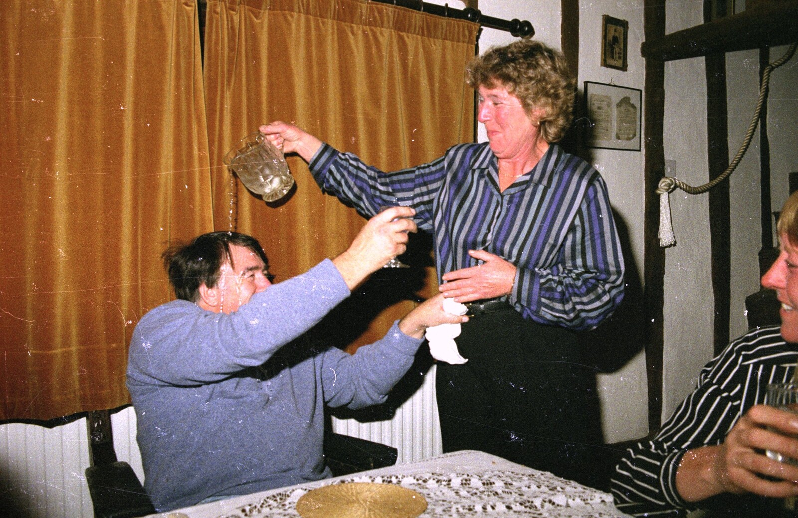 Brenda tips water on David's head from Cider Making, Stuston, Suffolk - 14th October 1991