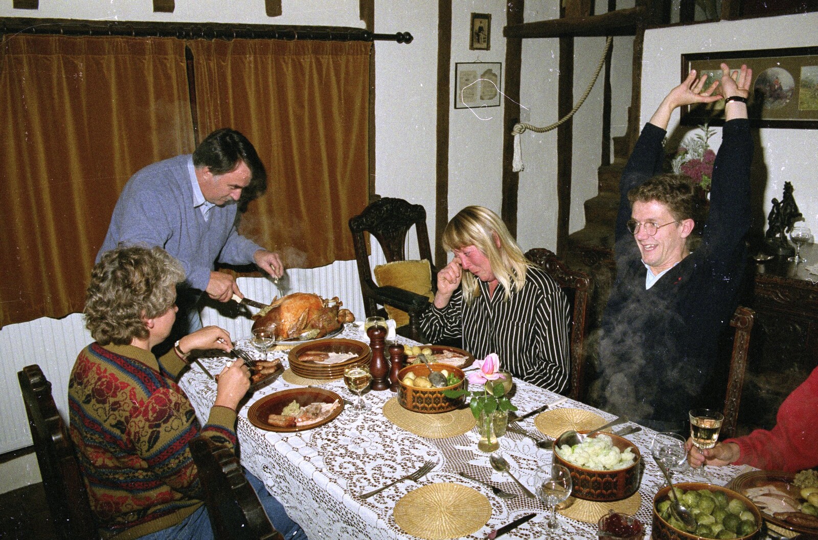 Andy cheers for a massive roast dinner from Cider Making, Stuston, Suffolk - 14th October 1991