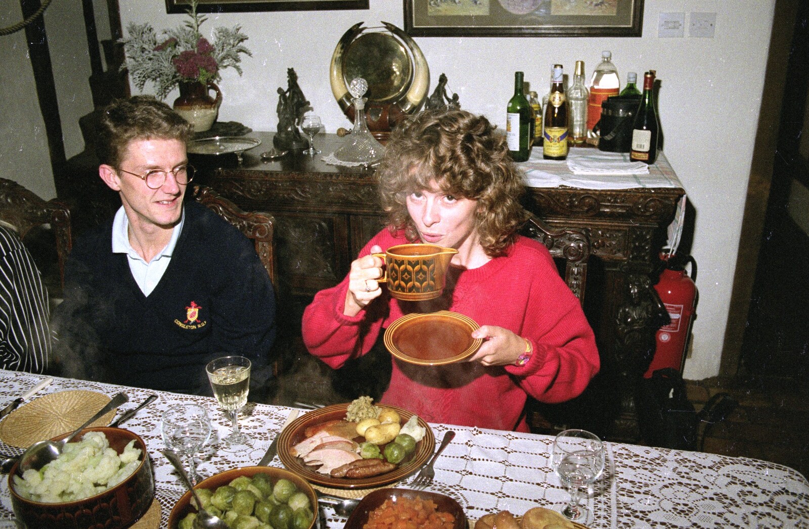 Mel takes a swig of gravy from Cider Making, Stuston, Suffolk - 14th October 1991