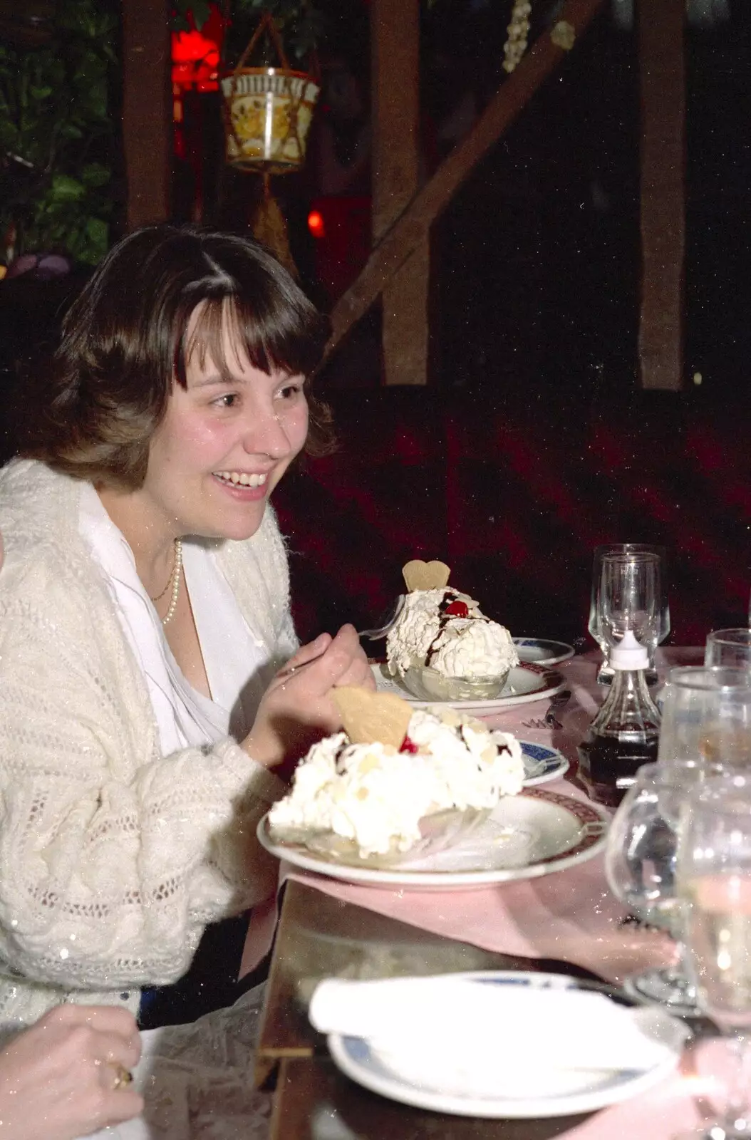 Wendy giggles over the puddings, from Bonfire Night and Printec at the Stoke Ash White Horse, Suffolk - 5th November 1991