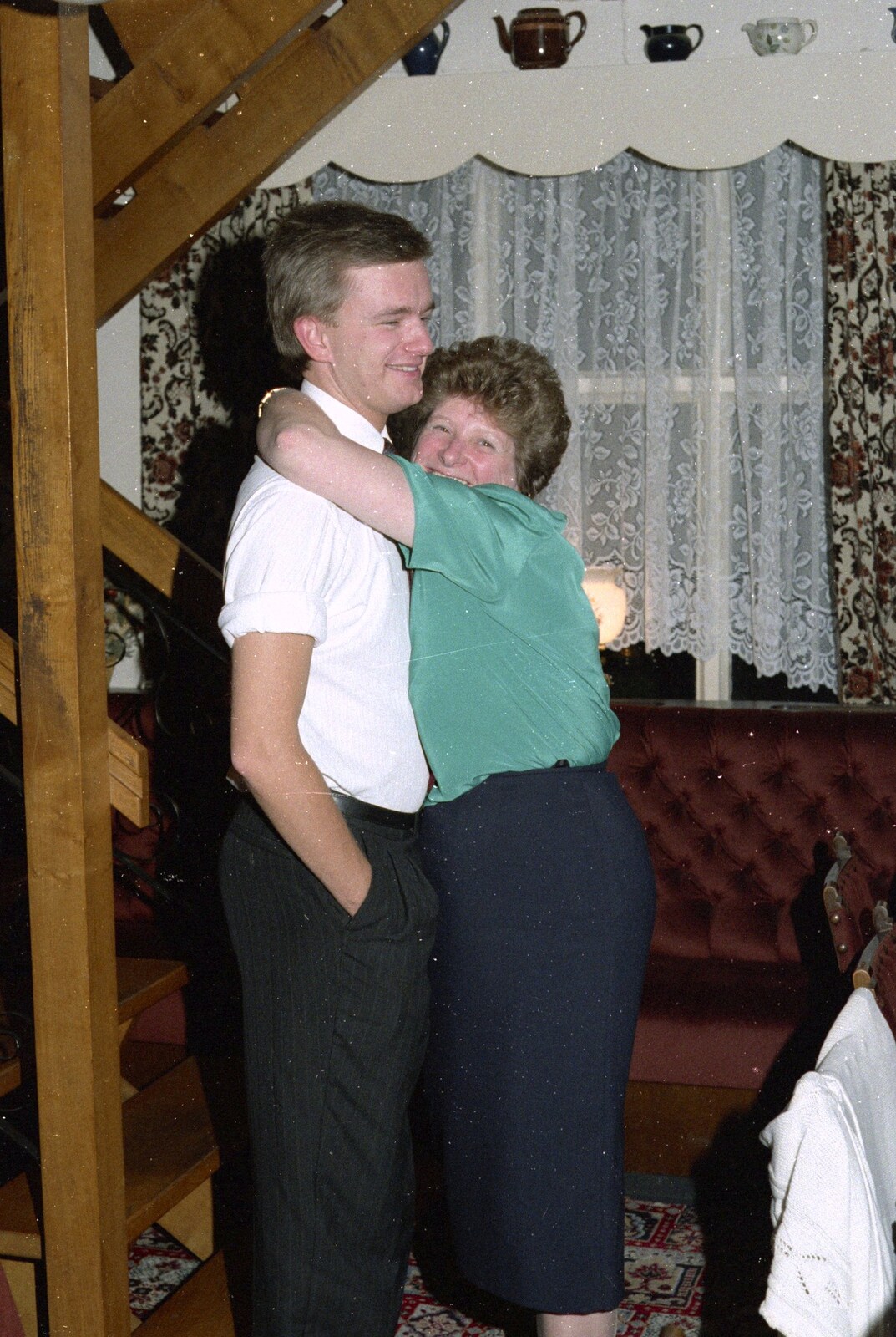 Nosher gets a hug from Spam from Bonfire Night and Printec at the Stoke Ash White Horse, Suffolk - 5th November 1991