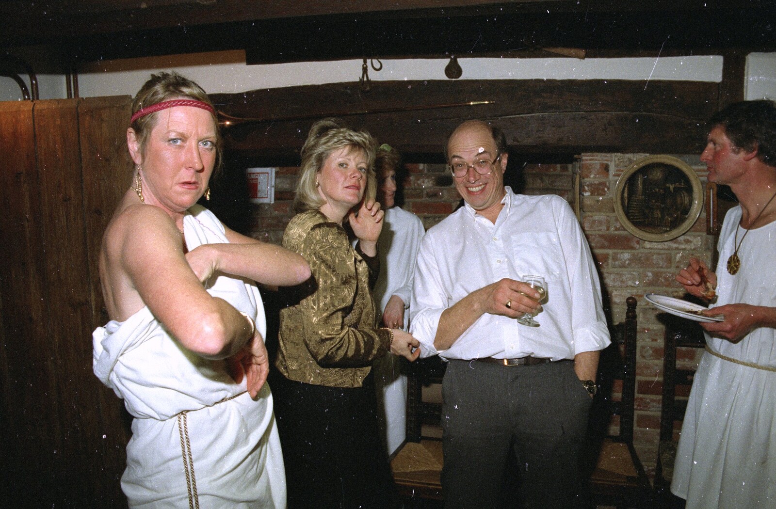 Sue does a wardrobe adjustment from Geoff and Brenda's Pre-Christmas Toga Party, Stuston, Suffolk - 17th December 1991