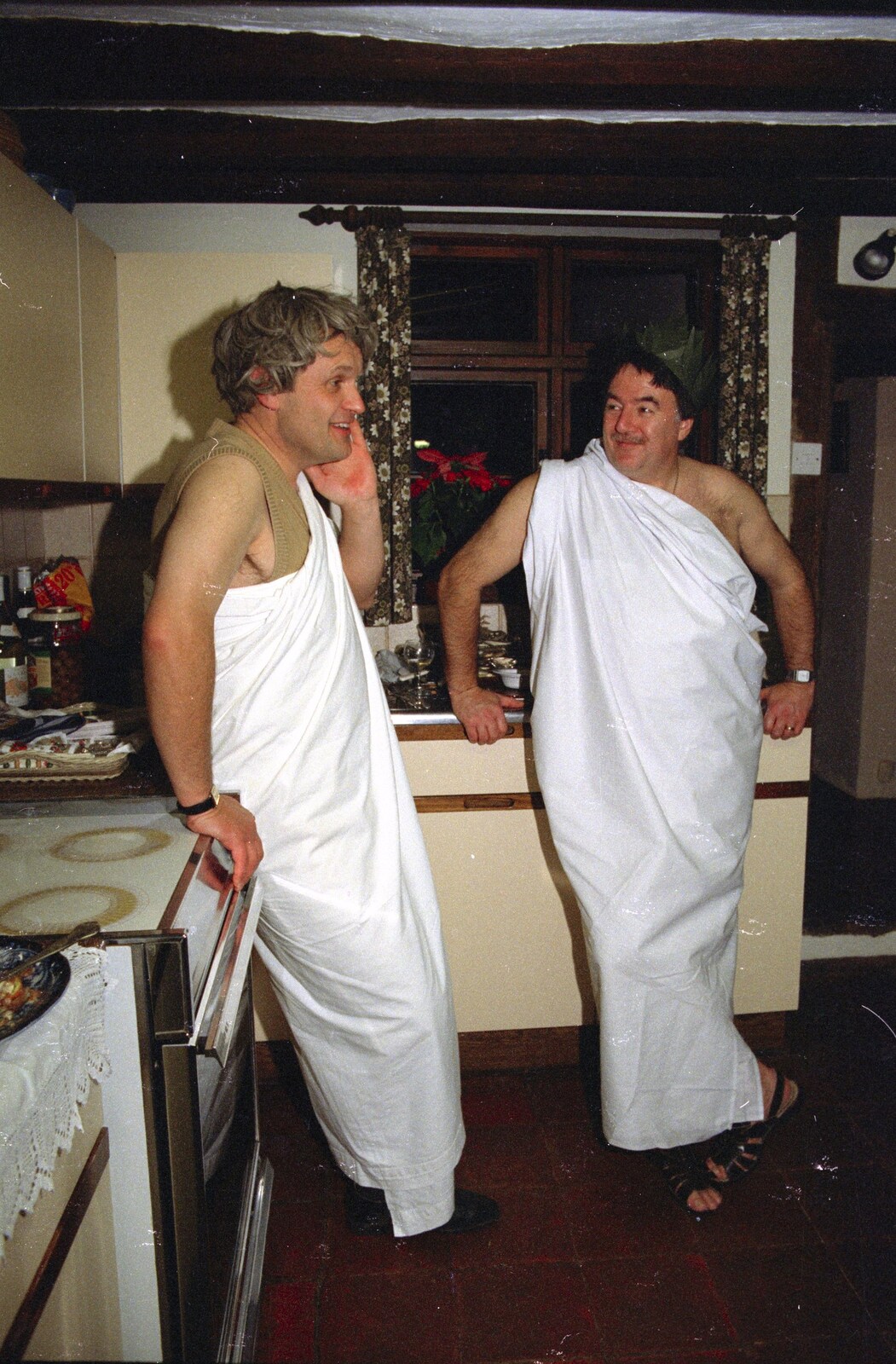 Corky chats in the kitchen from Geoff and Brenda's Pre-Christmas Toga Party, Stuston, Suffolk - 17th December 1991