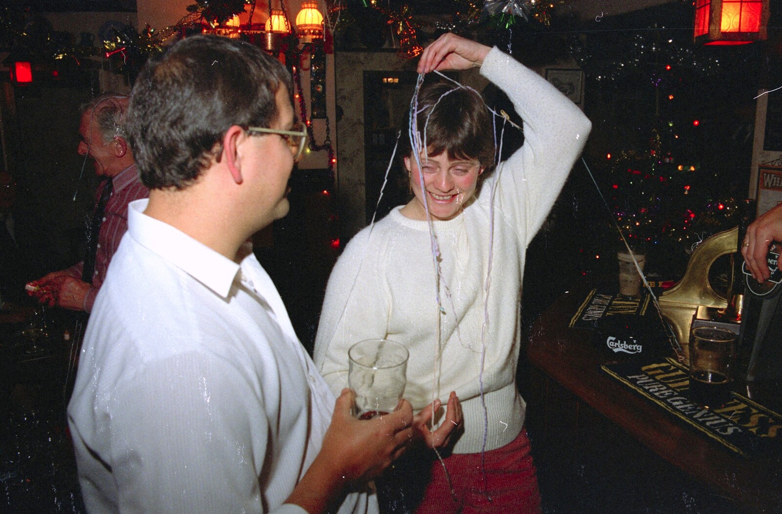 Roger and Pippa, who's covered in silly string from New Year's Eve at the Swan Inn, Brome, Suffolk - 31st December 1991
