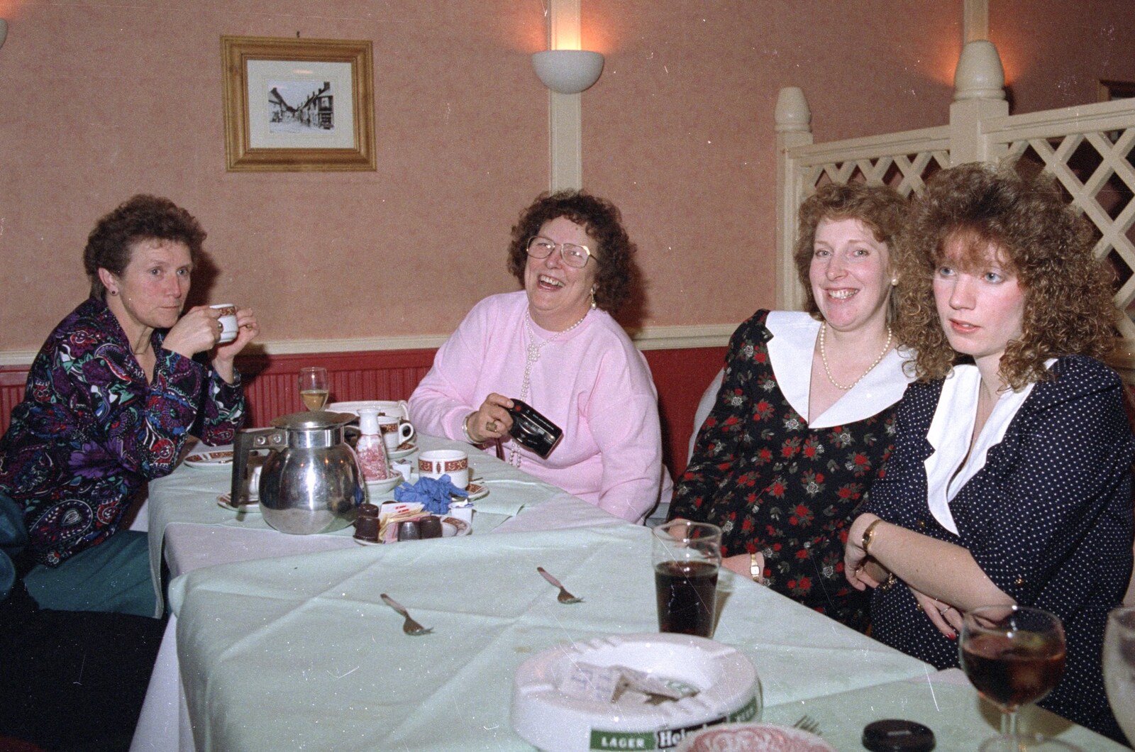 Wendy looks serious, Beryl has a laff from Printec at the Park Hotel, Diss, Norfolk - 14th January 1992