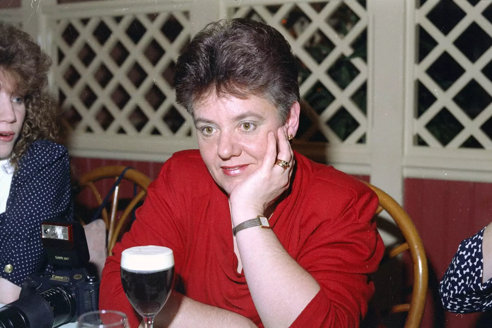 Crispy looks wistful over her half of Guinness, from Printec at the Park Hotel, Diss, Norfolk - 14th January 1992