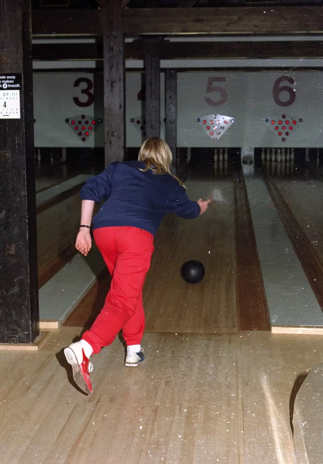 Mad Sue does a spot of bowling, from A Trip to Center Parcs, Eemhof, Netherlands - 24th March 1992