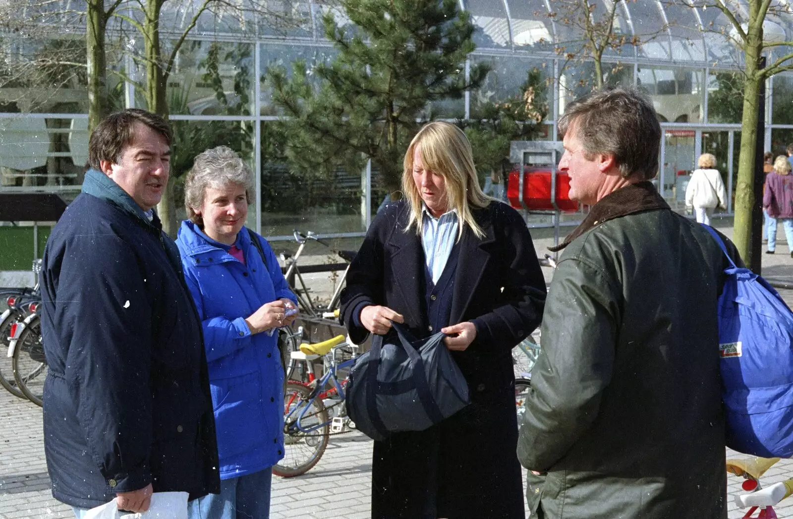 Corky, Linda, Sue and Geoff mill around, from A Trip to Center Parcs, Eemhof, Netherlands - 24th March 1992