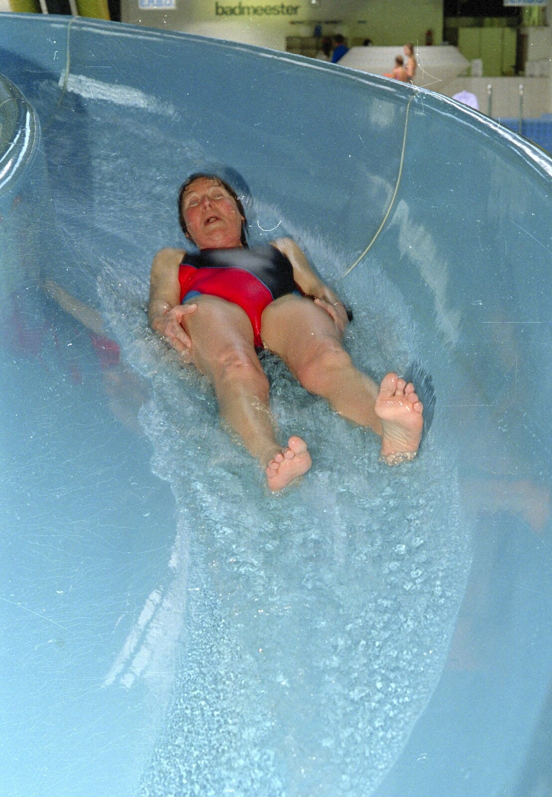 A Trip to Center Parcs, Eemhof, Netherlands - 24th March 1992: Brenda comes down the water slide feet-first