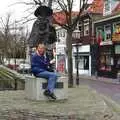 Sue hugs the legs of some statue, Out and About in Amsterdam, Hoorne, Vollendam and Edam, The Netherlands - 26th March 1992