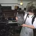 A dude shows us a typsetting frame, Capel Curig to Abergavenny: A Road-Trip With Hamish, Wales - 3rd April 1992