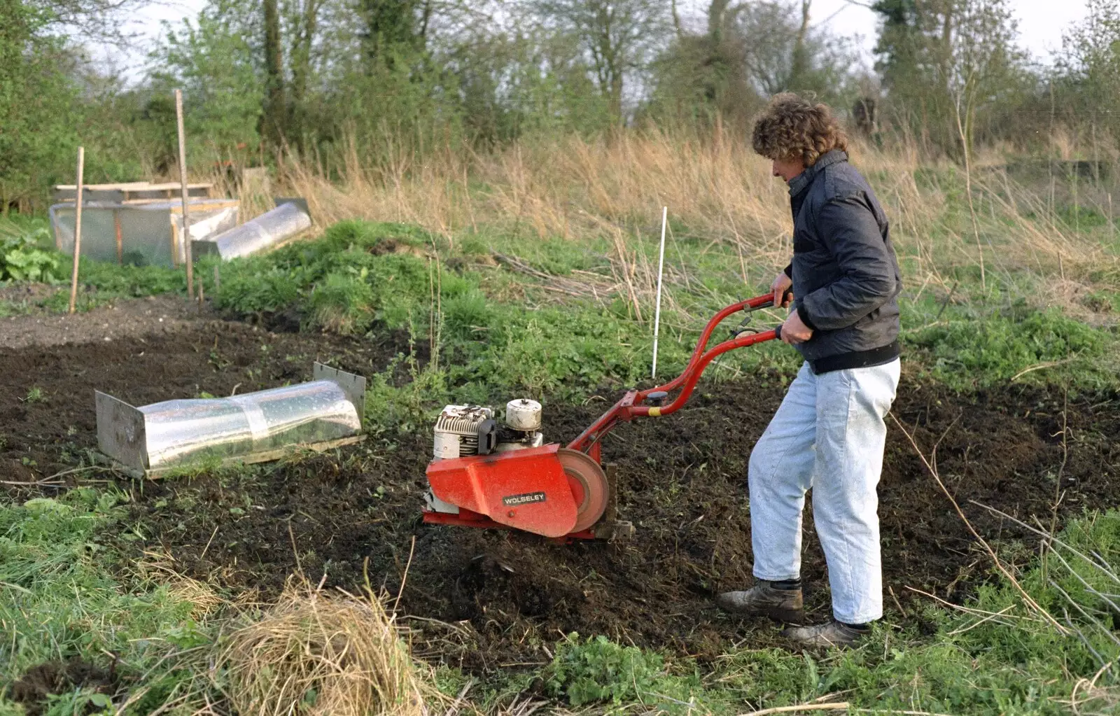 Brenda digs up some land with a rotivator, from The Election Caravan and a View from a Cherry Picker, Stuston, Suffolk - 9th April 1992