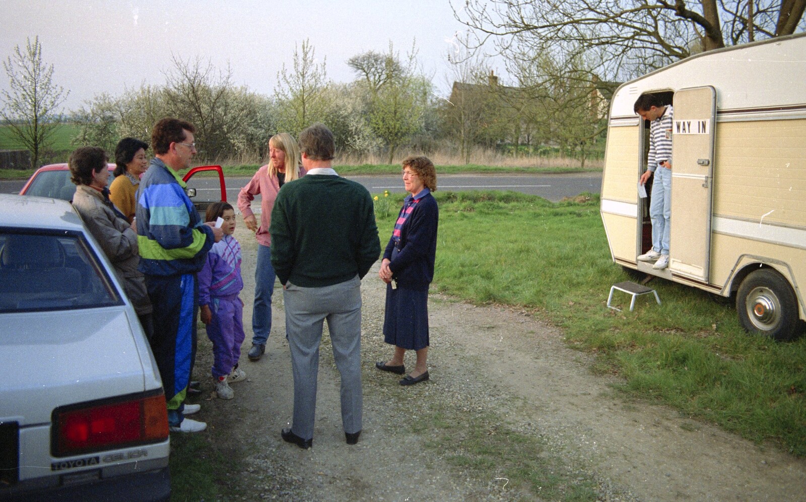 Discussions near the Polling Caravan from The Election Caravan and a View from a Cherry Picker, Stuston, Suffolk - 9th April 1992