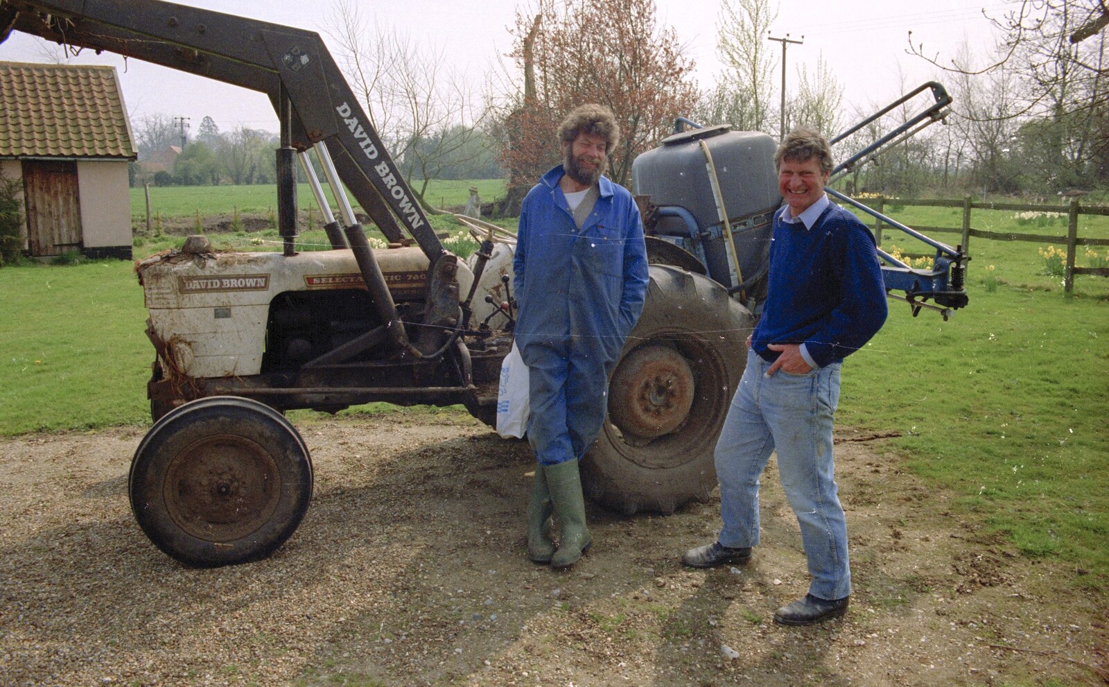 Mike Ogilsby, Geoff and a David Brown tractor from The Election Caravan and a View from a Cherry Picker, Stuston, Suffolk - 9th April 1992