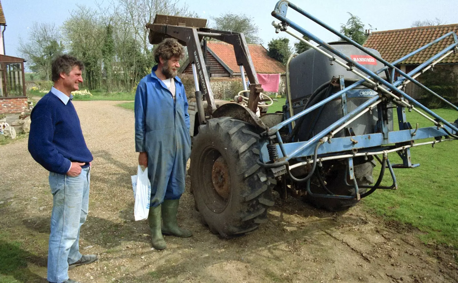 Mike shows off his tractor/sprayer combo, from The Election Caravan and a View from a Cherry Picker, Stuston, Suffolk - 9th April 1992