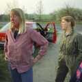 Sue, Kim and Brenda discuss the election, The Election Caravan and a View from a Cherry Picker, Stuston, Suffolk - 9th April 1992