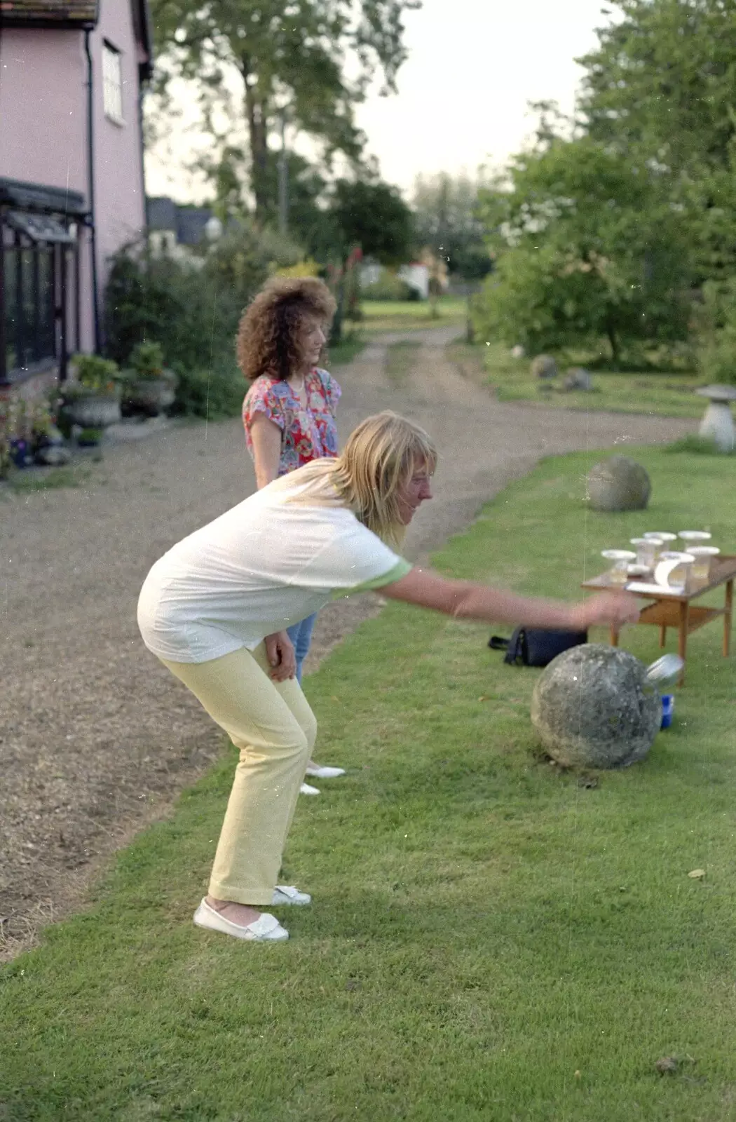 'Mad' Sue lobs a Boule, from The Election Caravan and a View from a Cherry Picker, Stuston, Suffolk - 9th April 1992