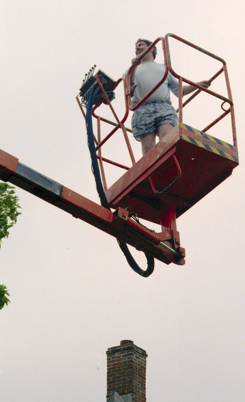 Local radio DJ David Hoffman is up in the air from The Election Caravan and a View from a Cherry Picker, Stuston, Suffolk - 9th April 1992