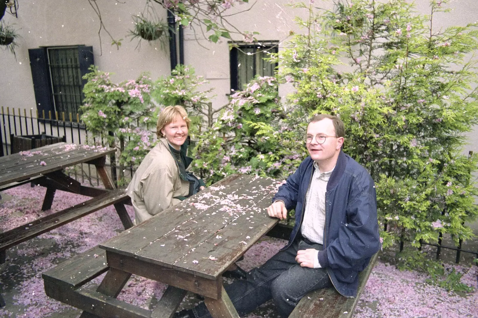 In a pub garden, under a cover of blossom, from Hamish's Oxford Party, Oxfordshire - 25th April 1992