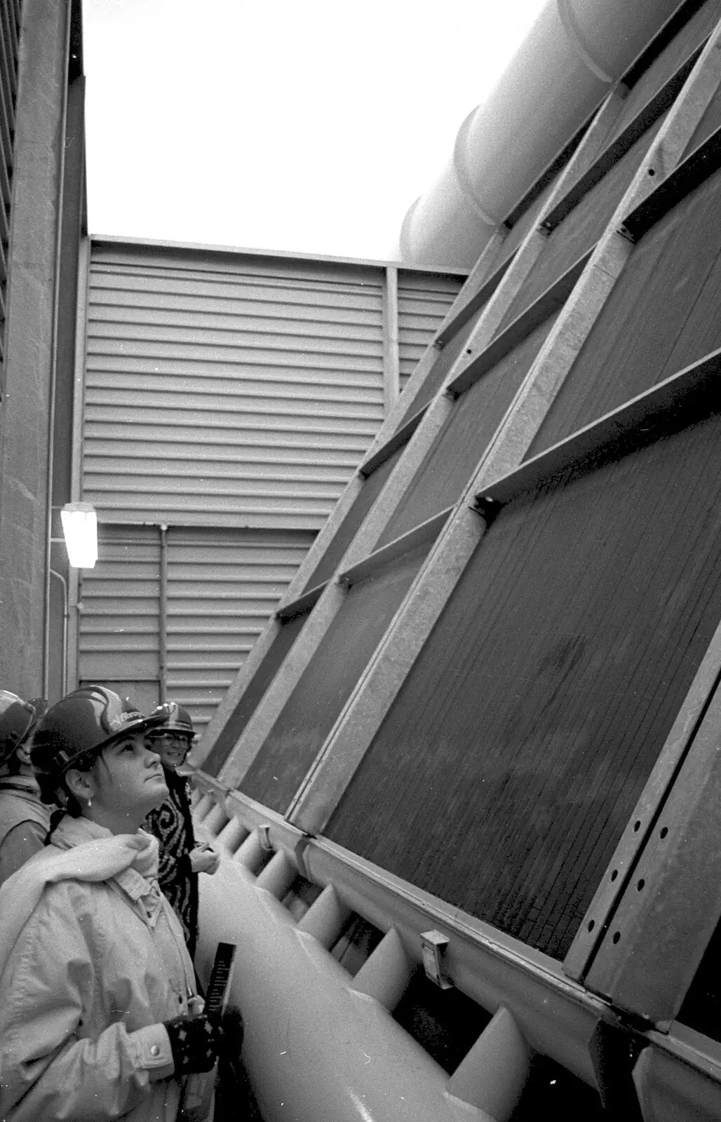 Claire looks up at the heat exchangers, from The World's First "Chicken Shit" Power Station, Brome, Eye, Suffolk - 11th July 1992