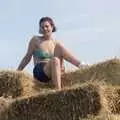 Sarah on top of the pile of bales, Working on the Harvest, Tibenham, Norfolk - 11th August 1992