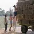 Sarah climbs to the top of the stack, Working on the Harvest, Tibenham, Norfolk - 11th August 1992