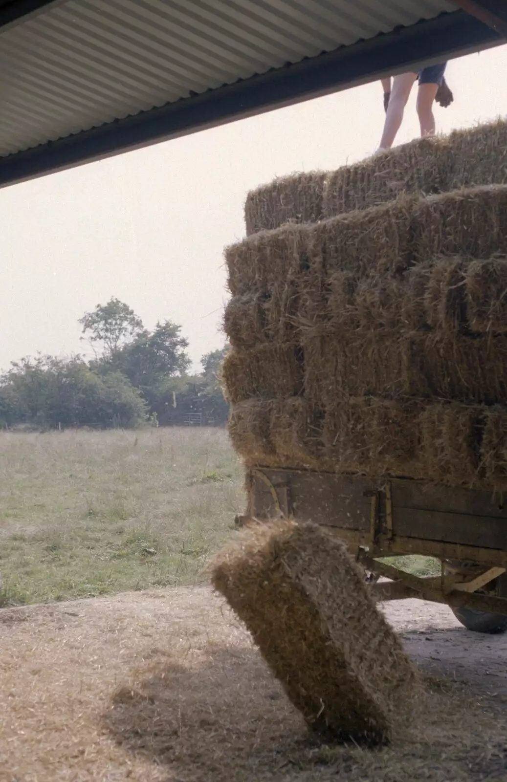 The first bale is chucked down from the trailer, from Working on the Harvest, Tibenham, Norfolk - 11th August 1992