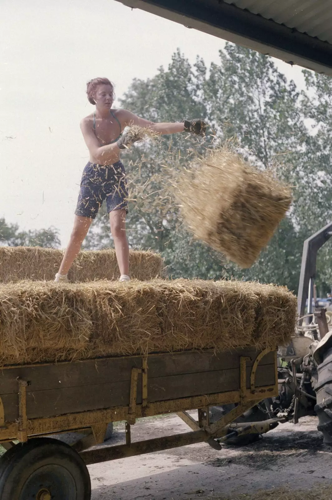 Sarah throws a bale down, from Working on the Harvest, Tibenham, Norfolk - 11th August 1992