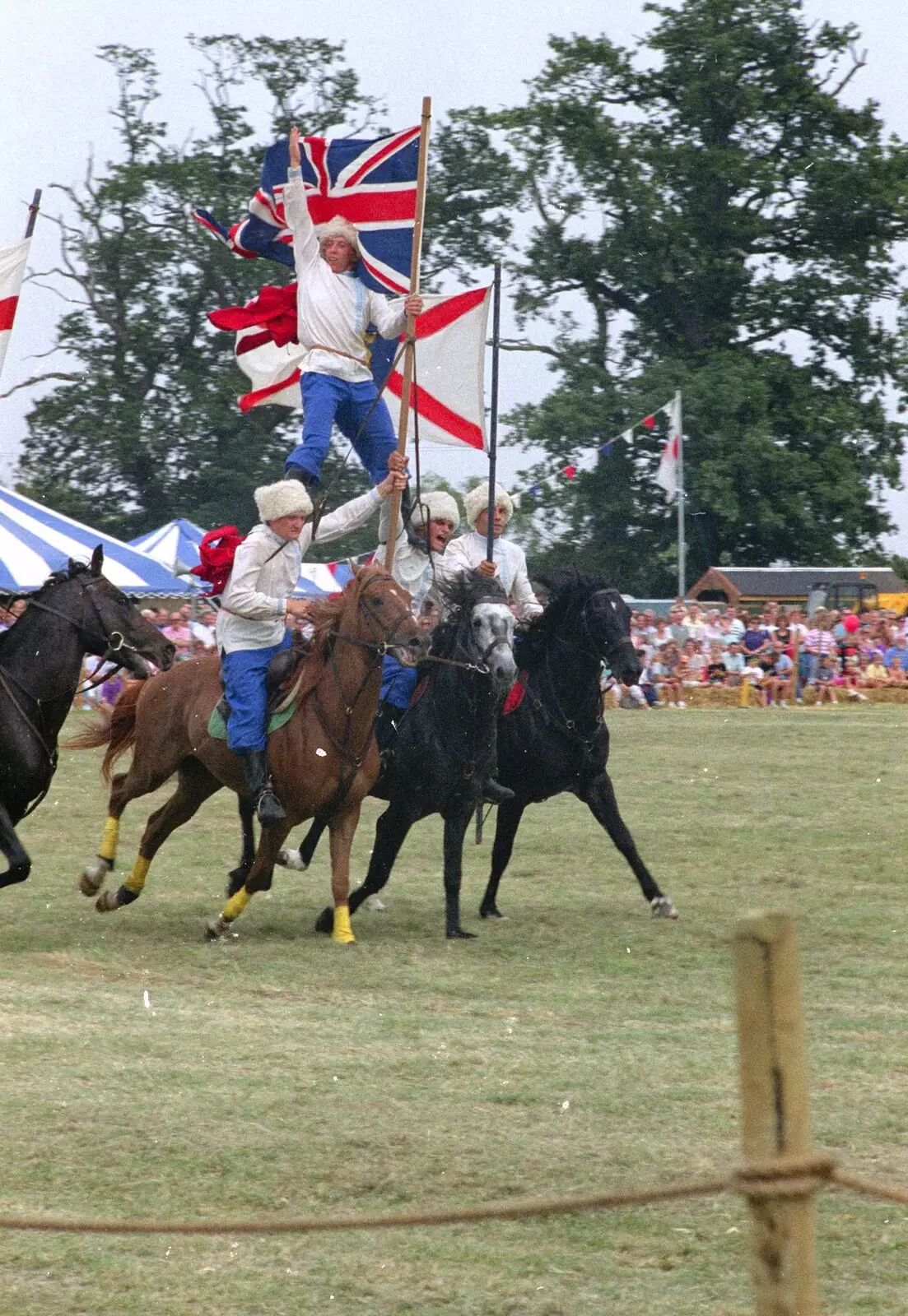 Three-abreast horses, and some flag carrying, from The Eye Show and a Trip to Halifax, Suffolk and South Yorkshire - 28th August 1992