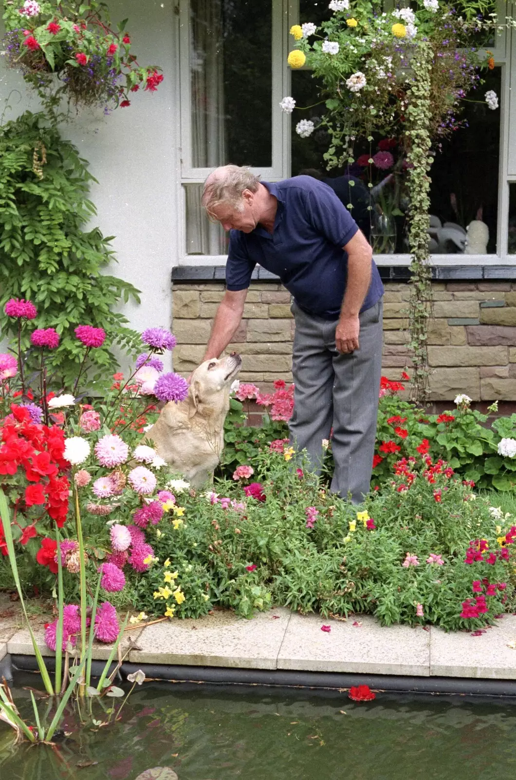 The Old Man gives Brandy a pat on the head, from The Eye Show and a Trip to Halifax, Suffolk and South Yorkshire - 28th August 1992