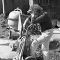 Brenda pauses leaning on a sack barrow, A Black and White Life in Concrete, Stuston, Suffolk - 3rd September 1992