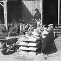 Brenda wheels some ornaments out of the shed, A Black and White Life in Concrete, Stuston, Suffolk - 3rd September 1992