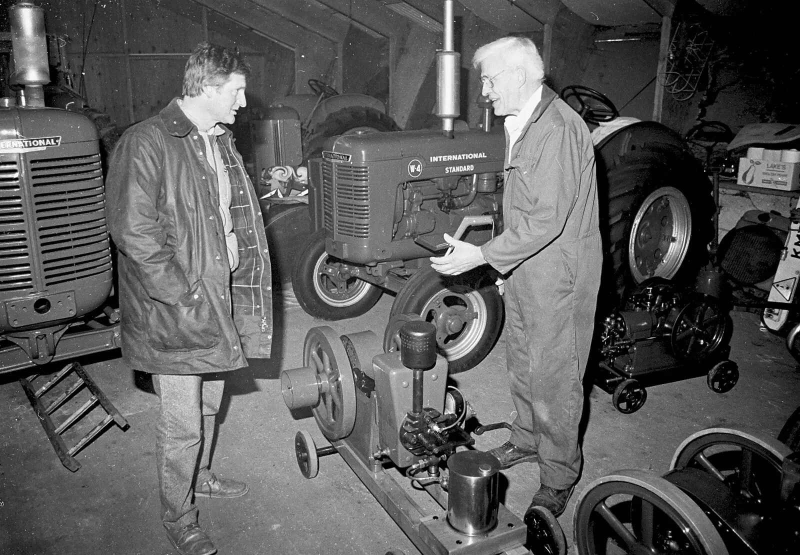 Geoff and his chum talk about machines, from A Black and White Life in Concrete, Stuston, Suffolk - 3rd September 1992